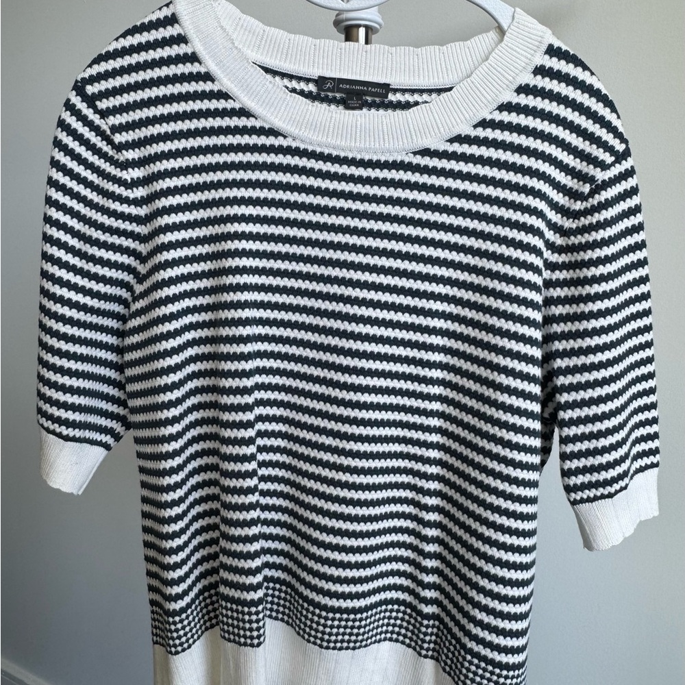 Adrianna Papell Slate Blue and White Striped Crewneck Sweater